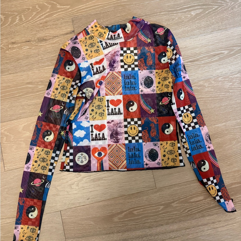 Dressed In LALA patchwork print mesh long sleeve shirt